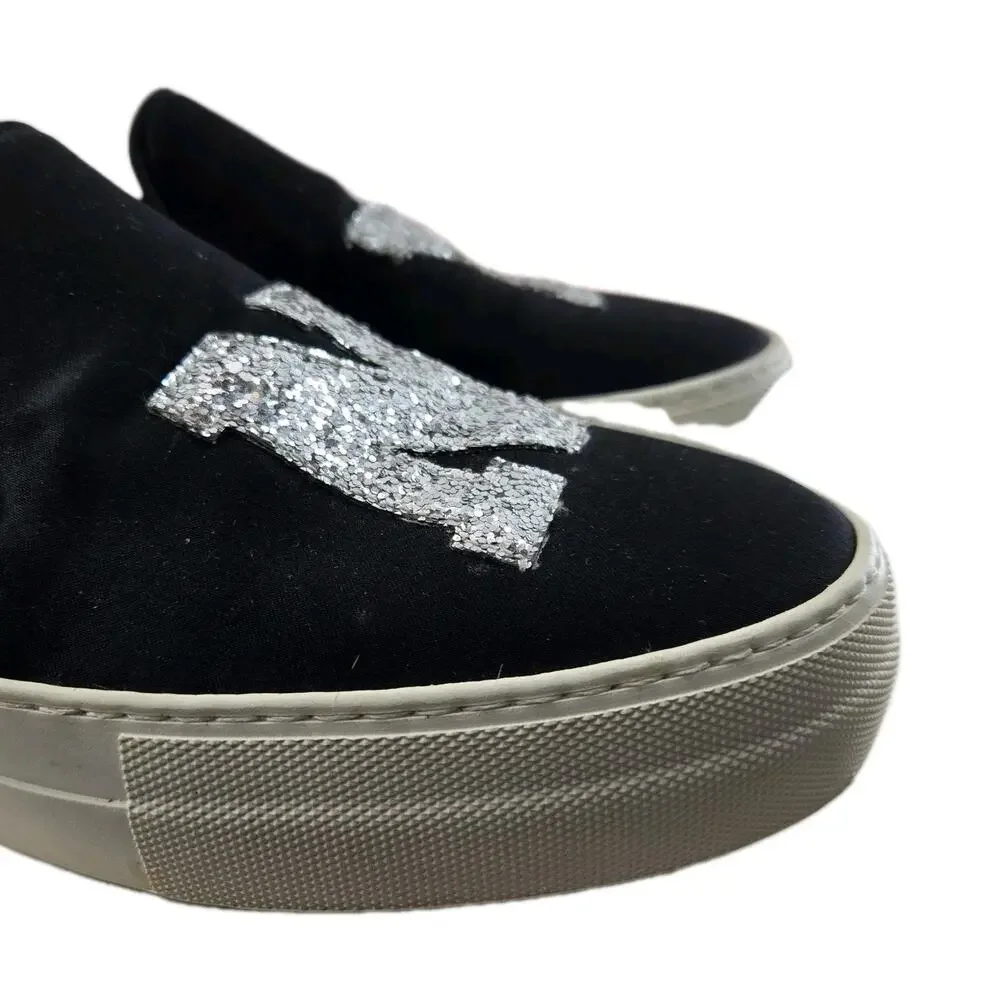 Joshua Sanders Slip On Sneakers Womens‎ 38 7.5 Black Satin Glitter NY New York